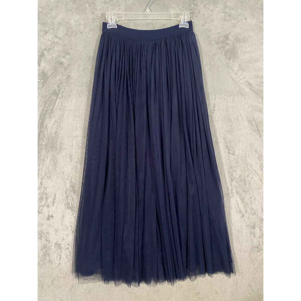 FRNCH Paris Maxi Skirt Sz M Navy Blue Tulle Mesh Pleated Lined Balletcore Formal